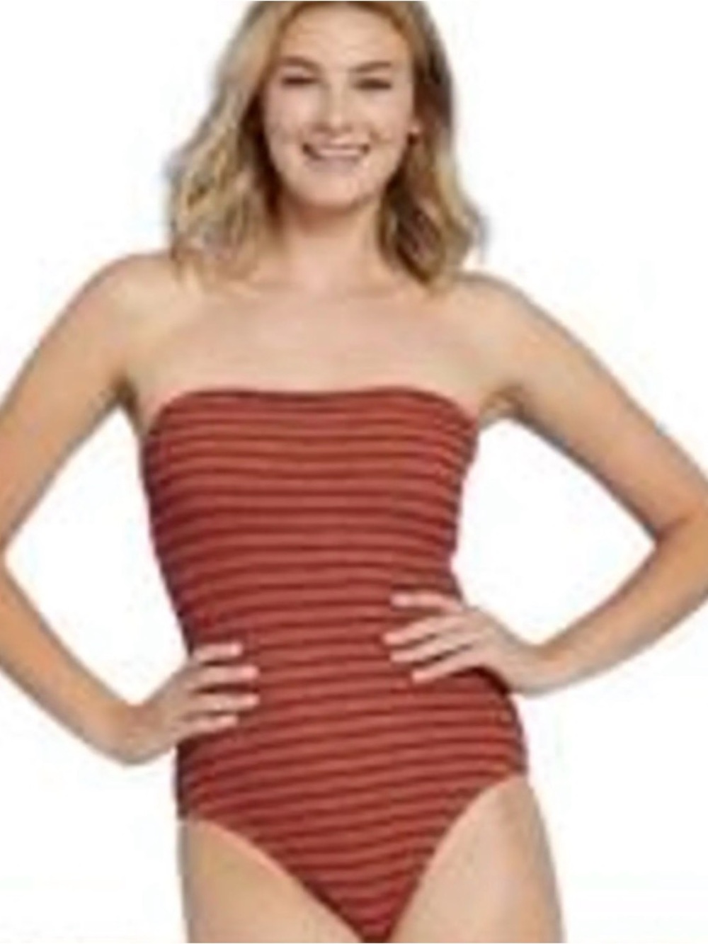 Kona Sol Girls Strapless One-Piece Swimsuit in Rust and Black Stripes